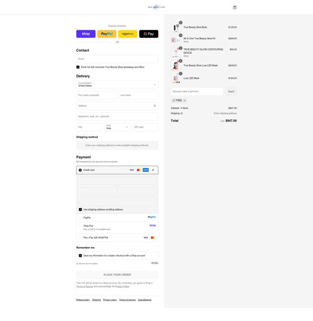 True Beauty Glow checkout page showing True Beauty Glow discount code box | Screenshot taken by SimplyCodes community member on Sep 15, 2025