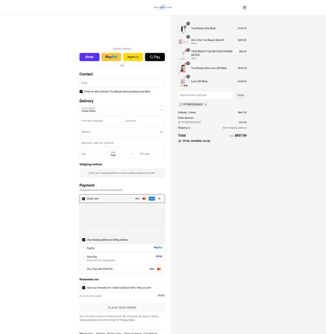 True Beauty Glow checkout page showing True Beauty Glow discount code box | Screenshot taken by SimplyCodes community member on Sep 15, 2025
