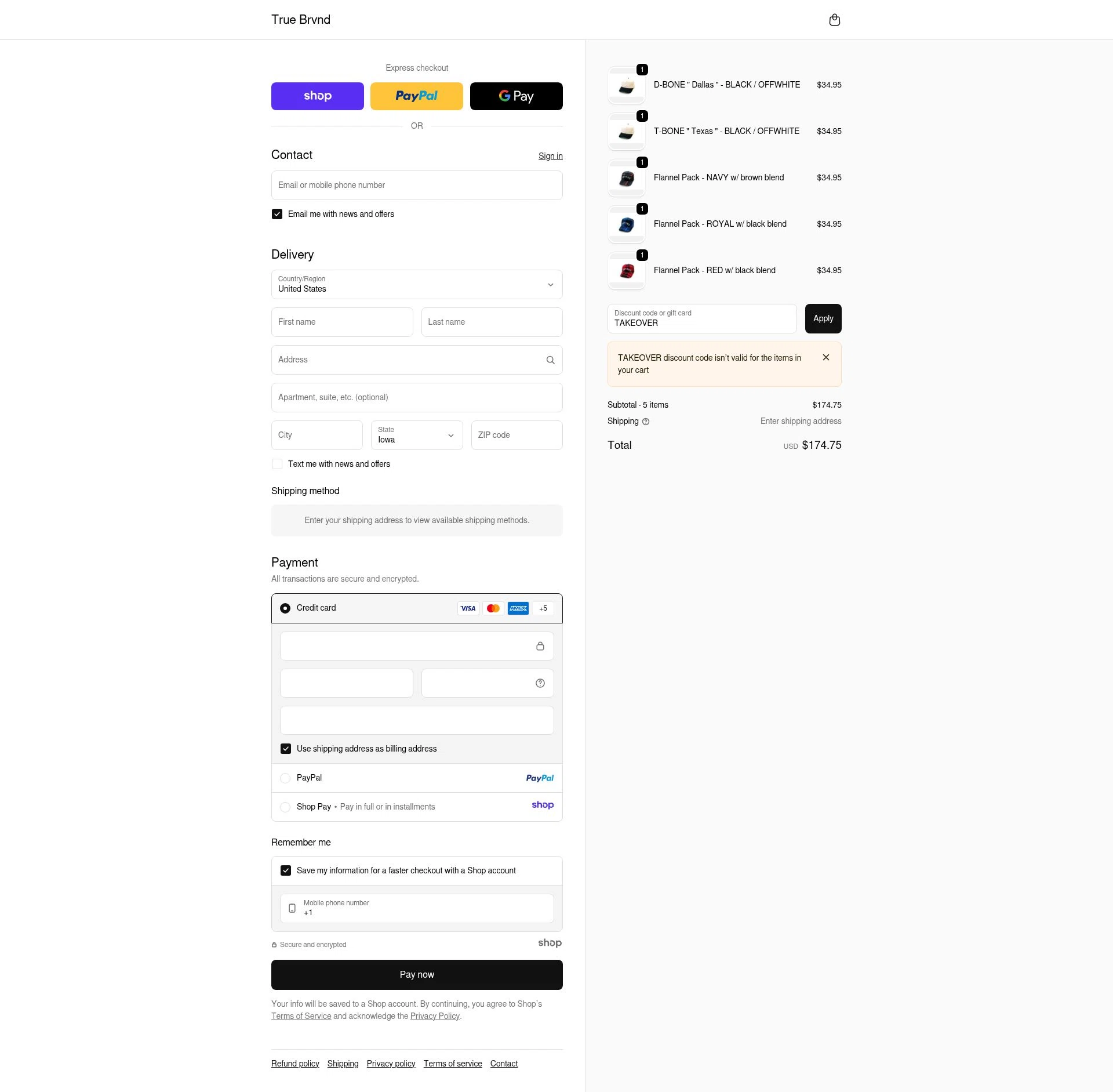 TRUE BRVND checkout page showing TRUE BRVND discount code box | Screenshot taken by SimplyCodes community member on Oct 31, 2025