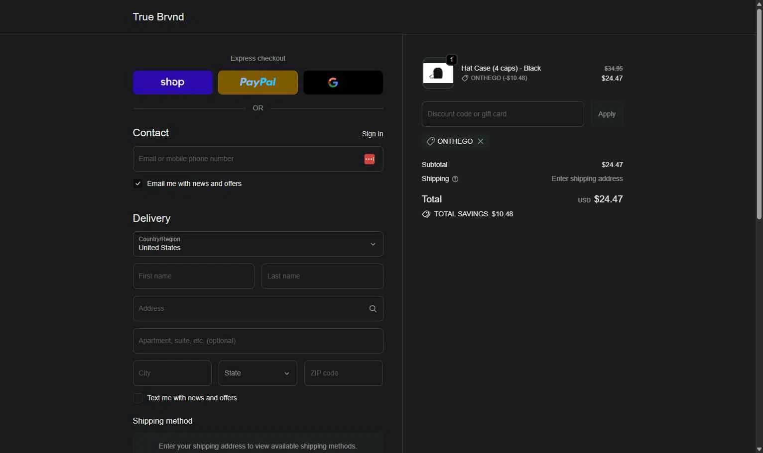 TRUE BRVND checkout page showing TRUE BRVND discount code box | Screenshot taken by SimplyCodes community member on Nov 7, 2025