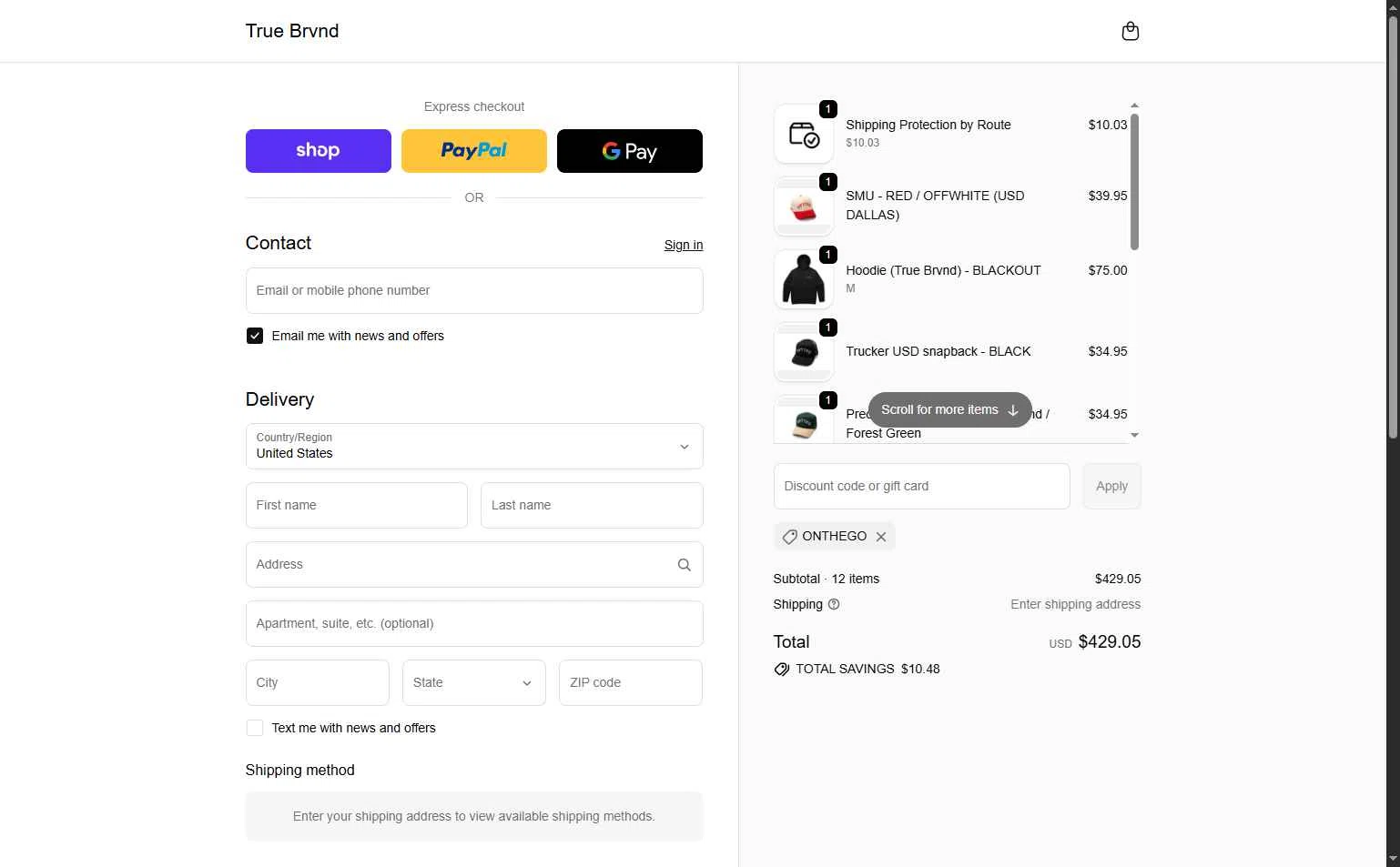 TRUE BRVND checkout page showing TRUE BRVND discount code box | Screenshot taken by SimplyCodes community member on Nov 1, 2025