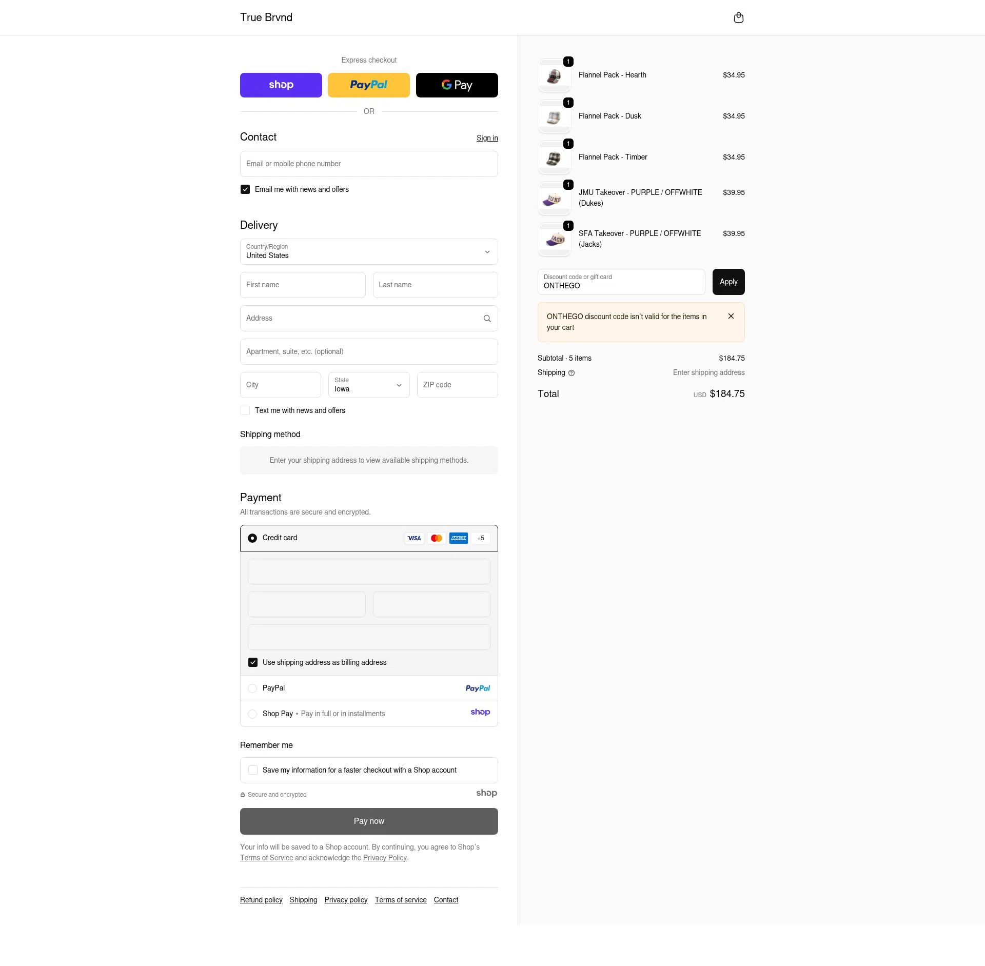 TRUE BRVND checkout page showing TRUE BRVND discount code box | Screenshot taken by SimplyCodes community member on Nov 18, 2025