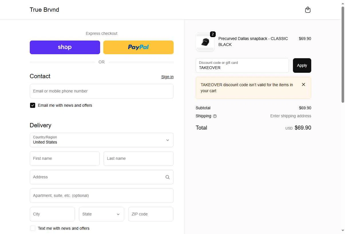 TRUE BRVND checkout page showing TRUE BRVND discount code box | Screenshot taken by SimplyCodes community member on Oct 31, 2025