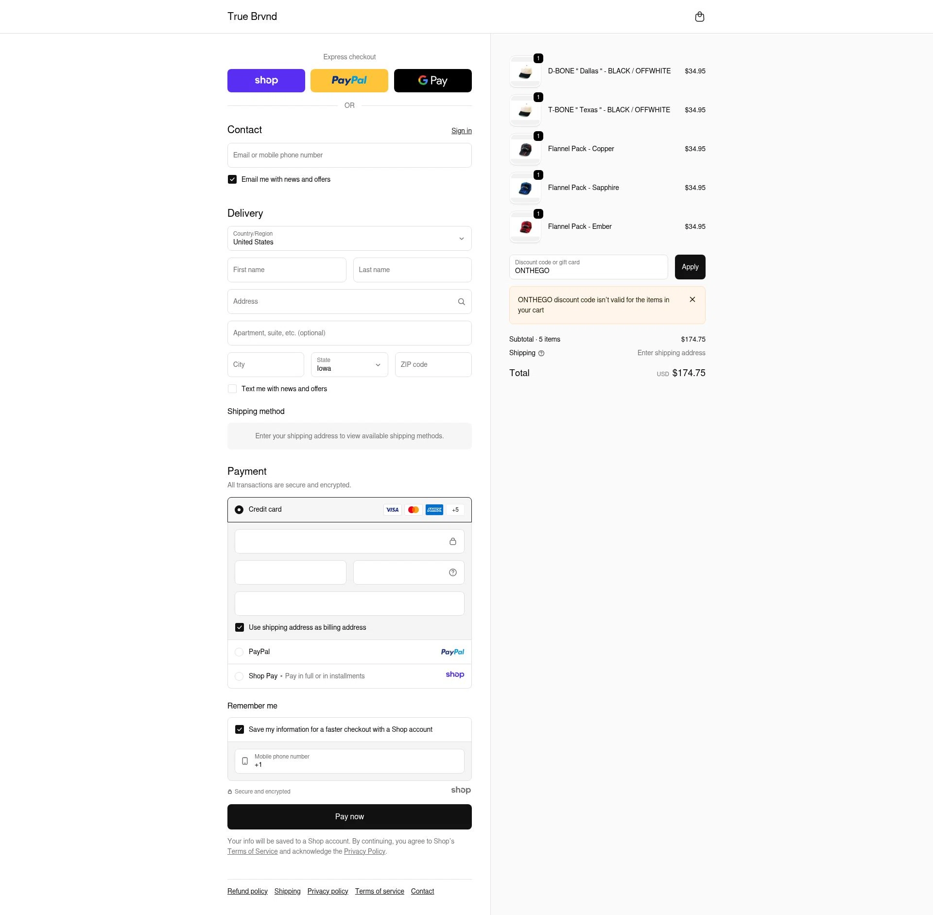 TRUE BRVND checkout page showing TRUE BRVND discount code box | Screenshot taken by SimplyCodes community member on Nov 13, 2025