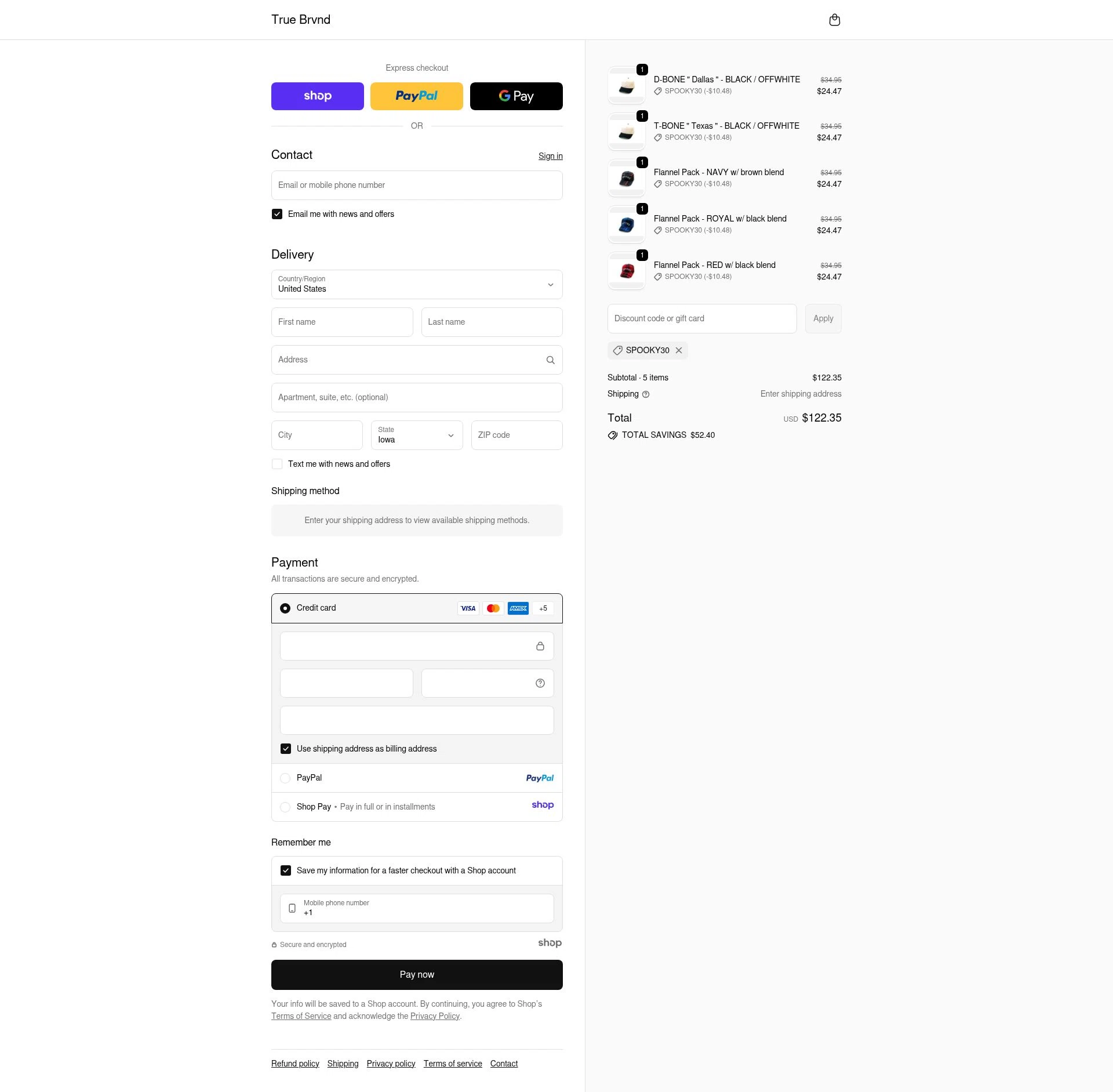 TRUE BRVND checkout page showing TRUE BRVND discount code box | Screenshot taken by SimplyCodes community member on Oct 31, 2025