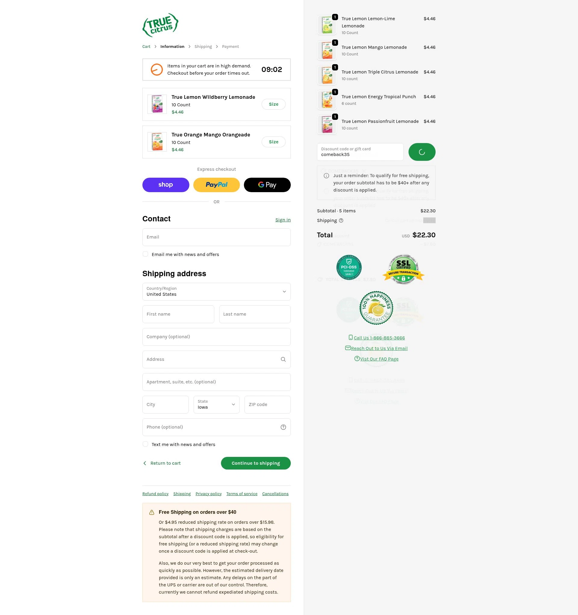True Citrus checkout page showing True Citrus coupon code box | Screenshot taken by SimplyCodes community member on Feb 5, 2026
