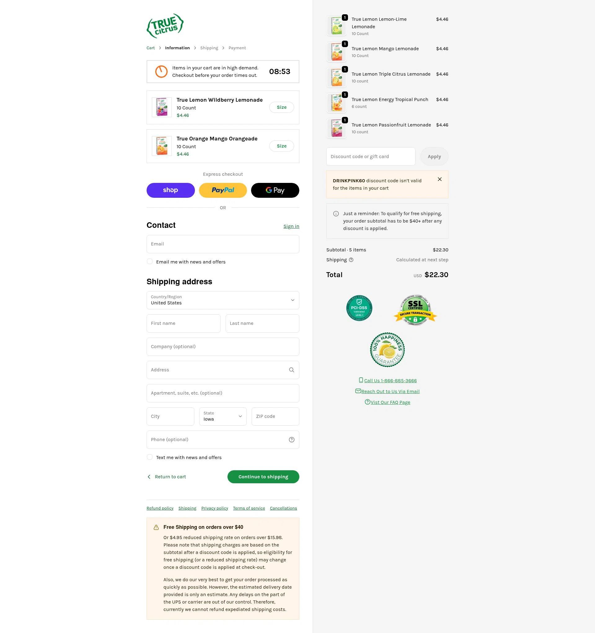 True Citrus checkout page showing True Citrus coupon code box | Screenshot taken by SimplyCodes community member on Feb 5, 2026