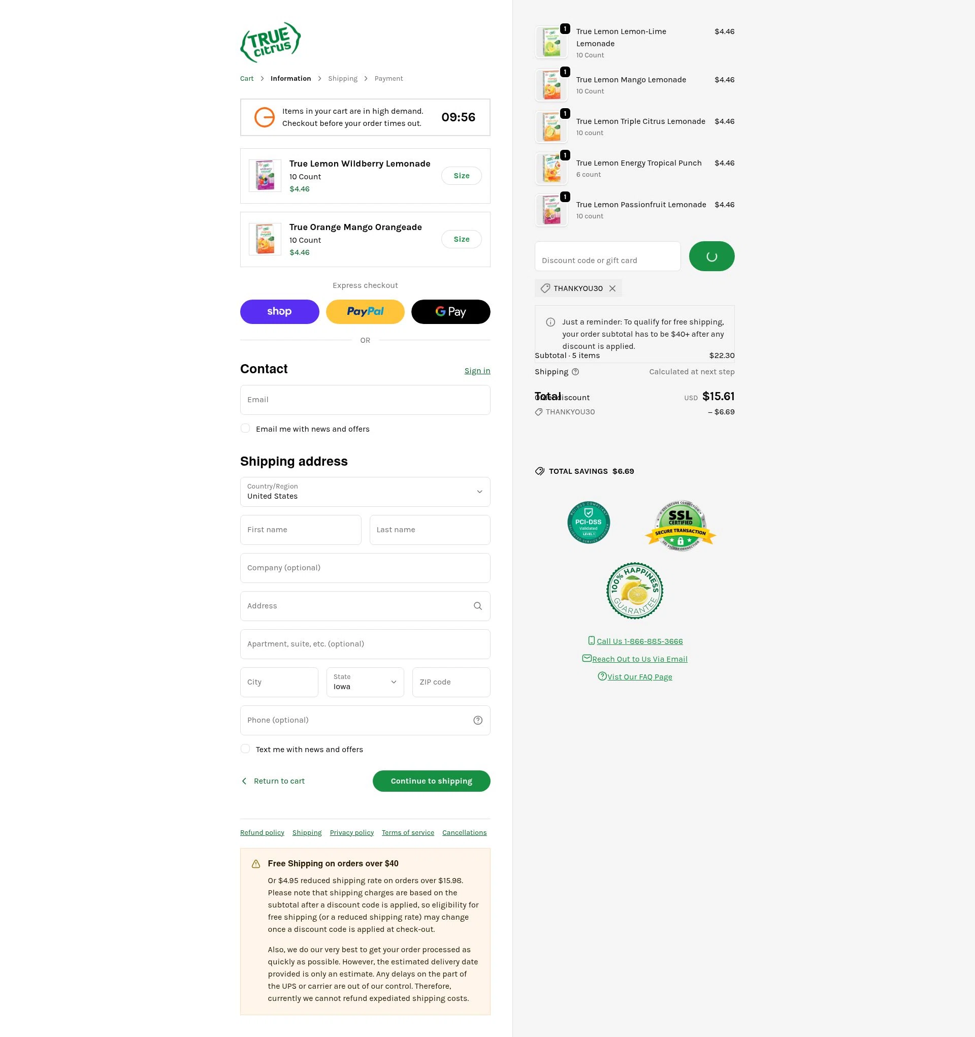 True Citrus checkout page showing True Citrus coupon code box | Screenshot taken by SimplyCodes community member on Feb 5, 2026