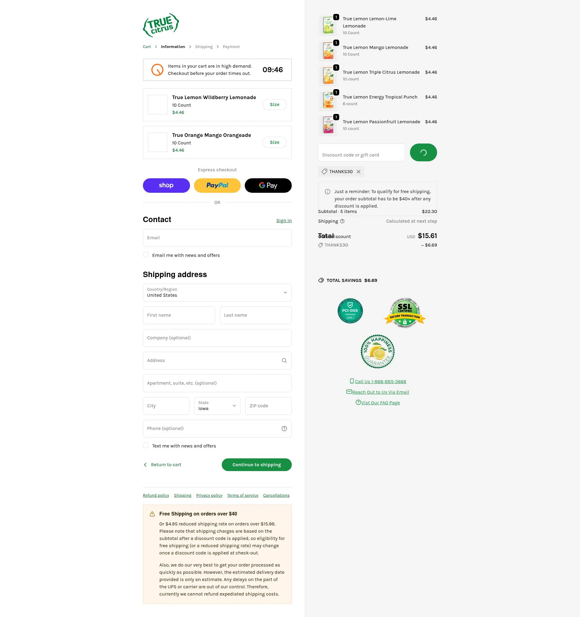 True Citrus checkout page showing True Citrus coupon code box | Screenshot taken by SimplyCodes community member on Feb 5, 2026