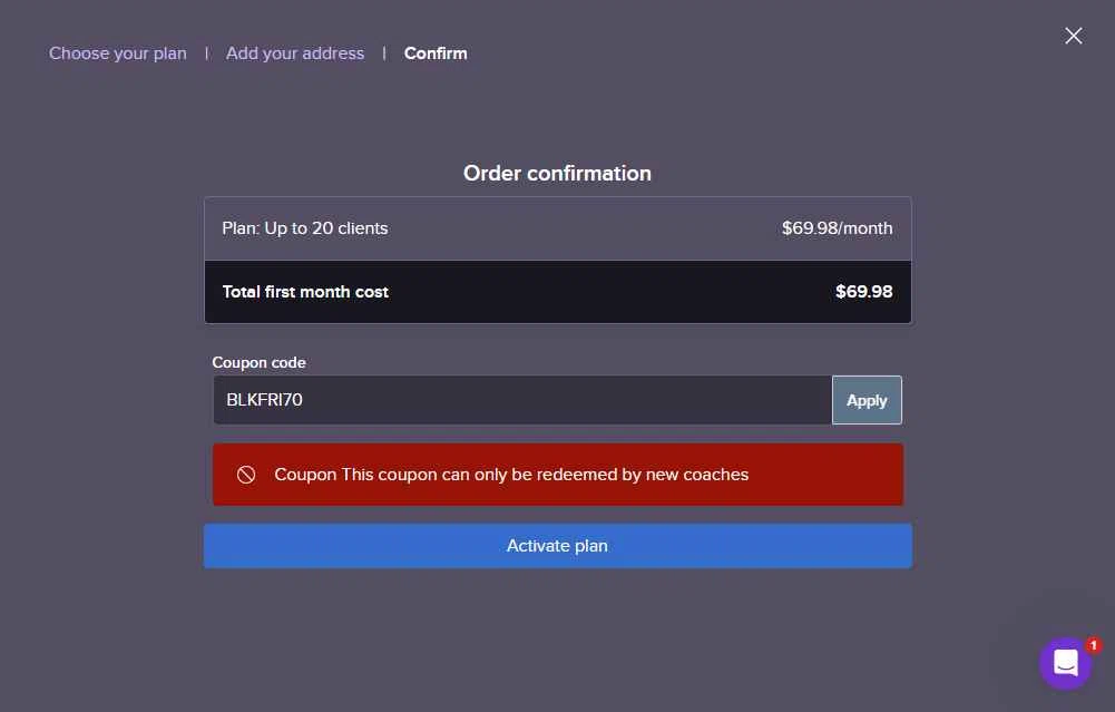 TrueCoach checkout page showing TrueCoach discount code box | Screenshot taken by SimplyCodes community member on Nov 22, 2025
