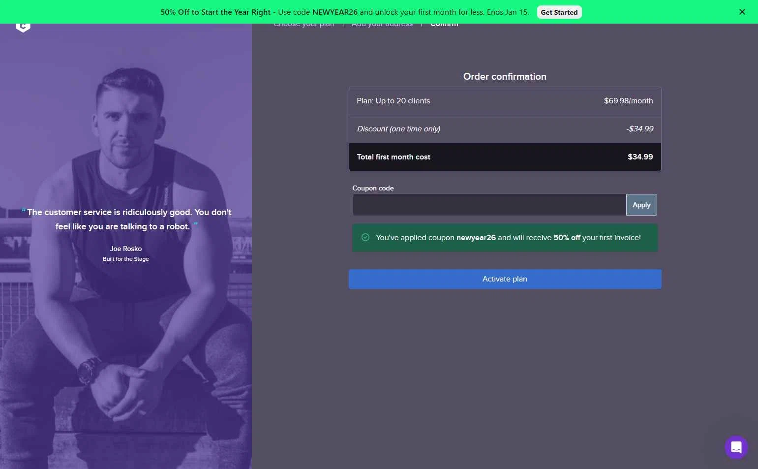 TrueCoach checkout page showing TrueCoach discount code box | Screenshot taken by SimplyCodes community member on Jan 15, 2026