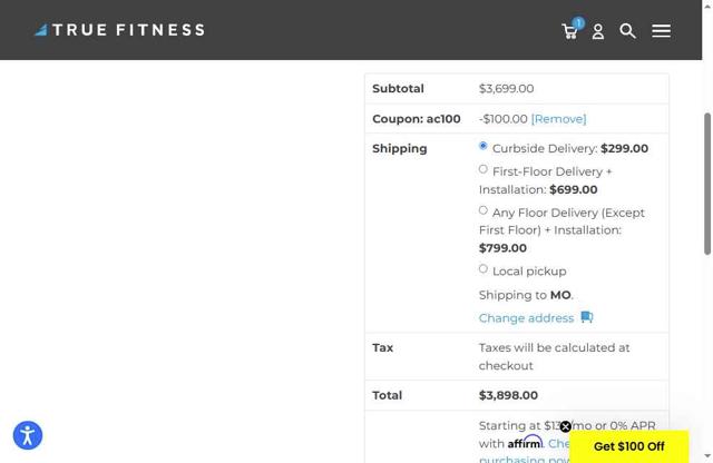 TRUE Fitness checkout page showing TRUE Fitness discount code box | Screenshot taken by SimplyCodes community member on Jun 14, 2025