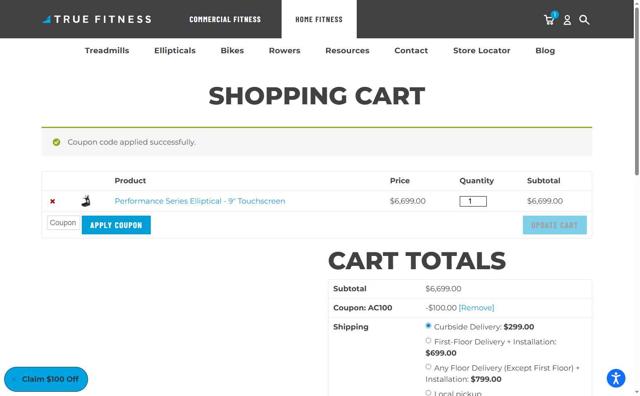 TRUE Fitness checkout page showing TRUE Fitness discount code box | Screenshot taken by SimplyCodes community member on Sep 8, 2025