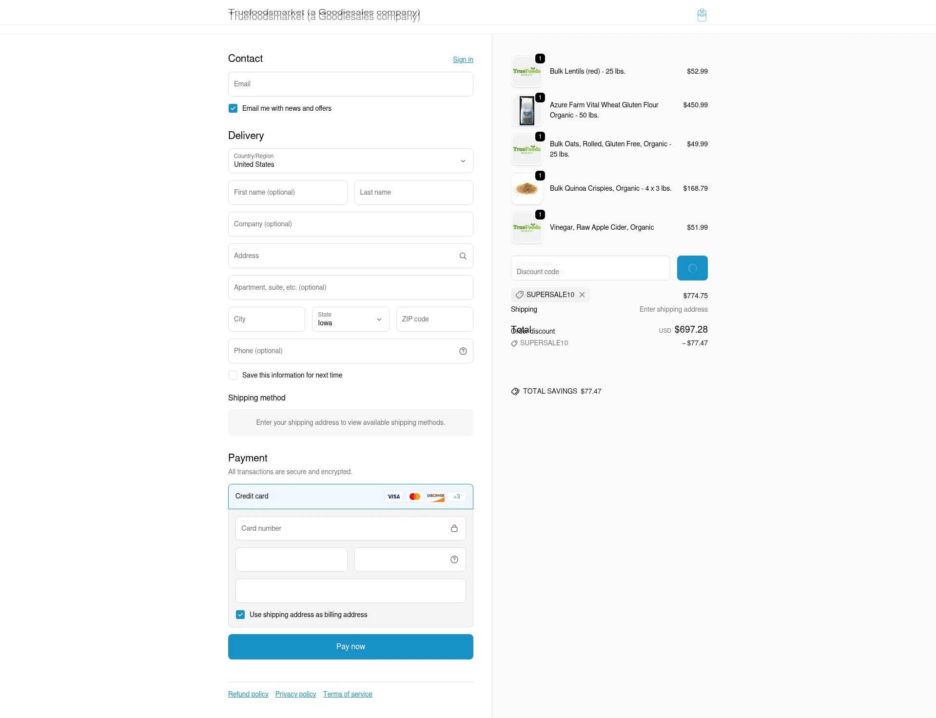 TrueFoods Market checkout page showing TrueFoods Market promo code box | Screenshot taken by SimplyCodes community member on Jan 20, 2026