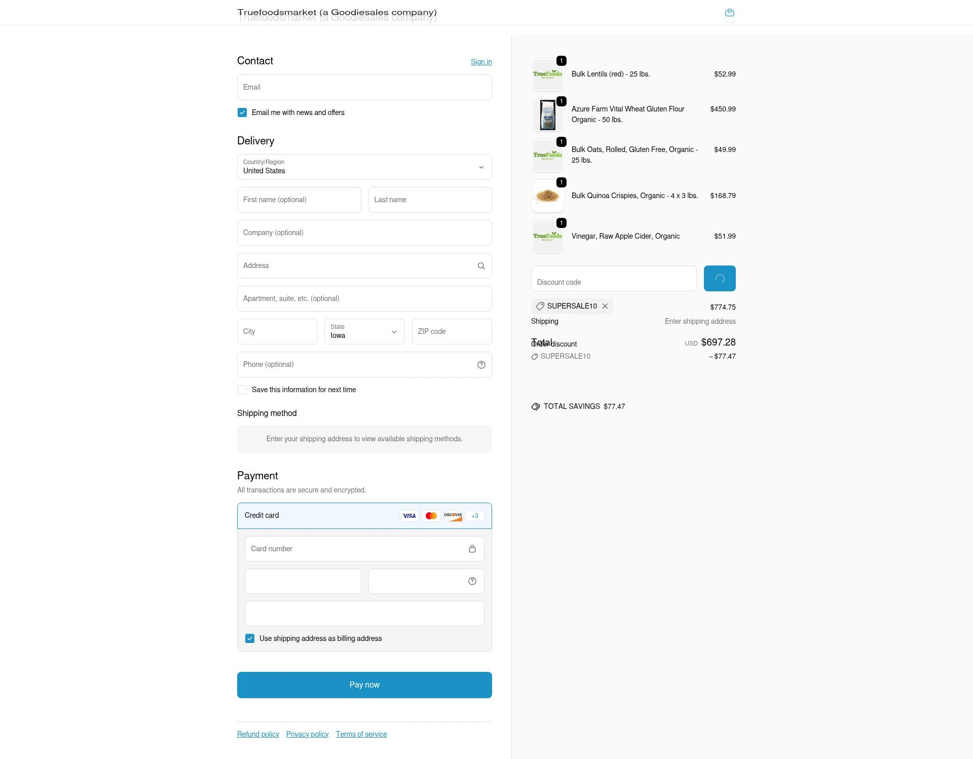 TrueFoods Market checkout page showing TrueFoods Market promo code box | Screenshot taken by SimplyCodes community member on Feb 2, 2026