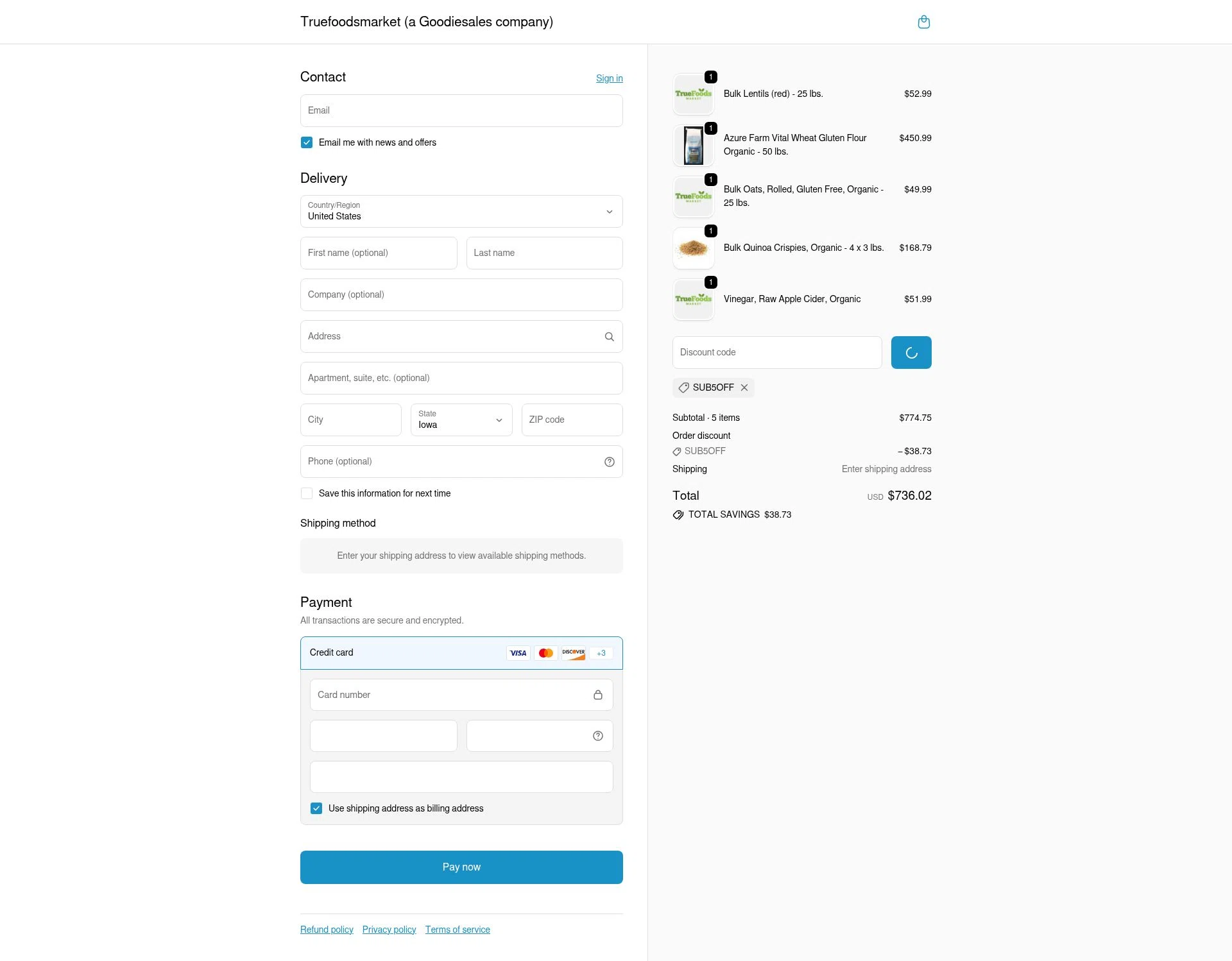 TrueFoods Market checkout page showing TrueFoods Market promo code box | Screenshot taken by SimplyCodes community member on Jan 29, 2026