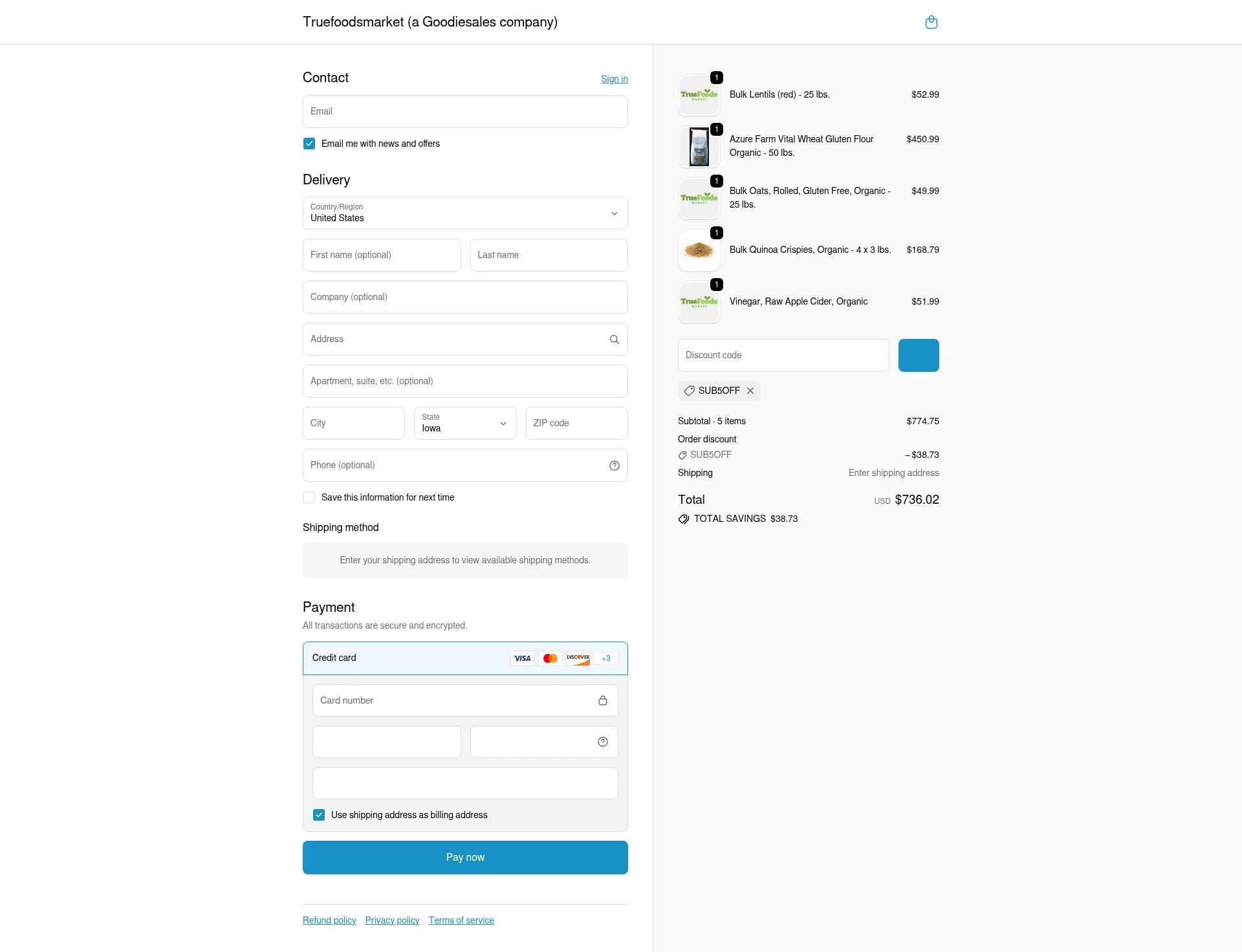 TrueFoods Market checkout page showing TrueFoods Market promo code box | Screenshot taken by SimplyCodes community member on Jan 15, 2026