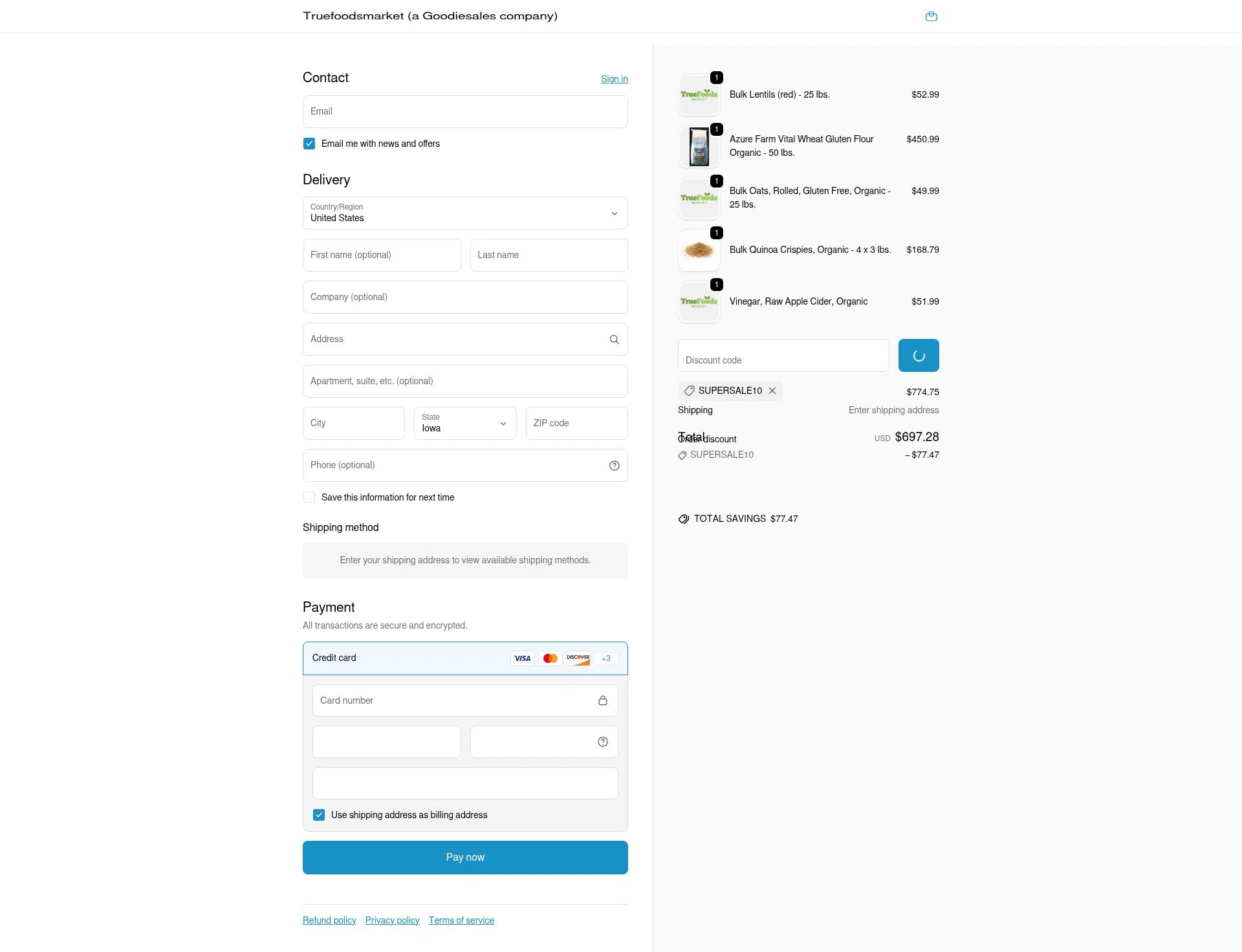 TrueFoods Market checkout page showing TrueFoods Market promo code box | Screenshot taken by SimplyCodes community member on Jan 15, 2026