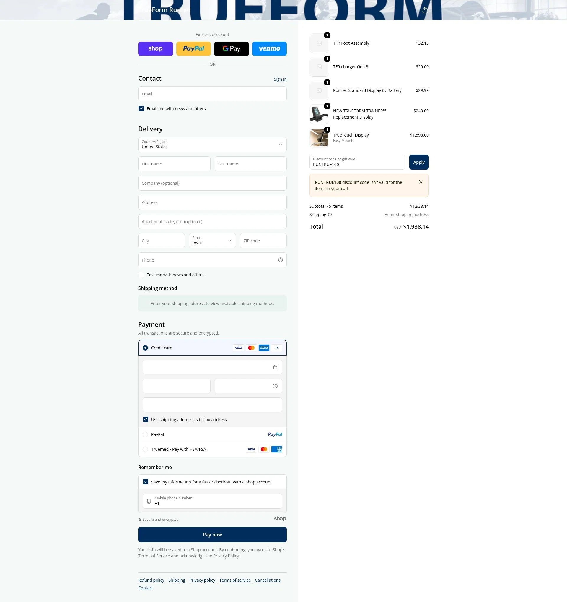 True Form Runner checkout page showing True Form Runner promo code box | Screenshot taken by SimplyCodes community member on Nov 14, 2025