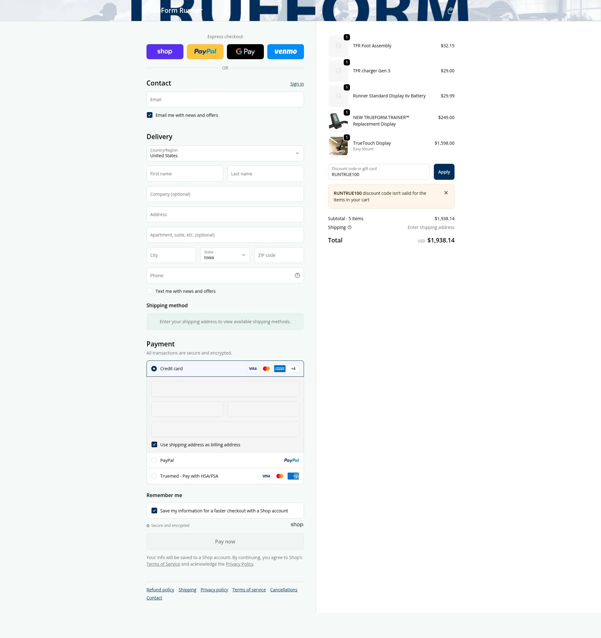 True Form Runner checkout page showing True Form Runner promo code box | Screenshot taken by SimplyCodes community member on Nov 19, 2025