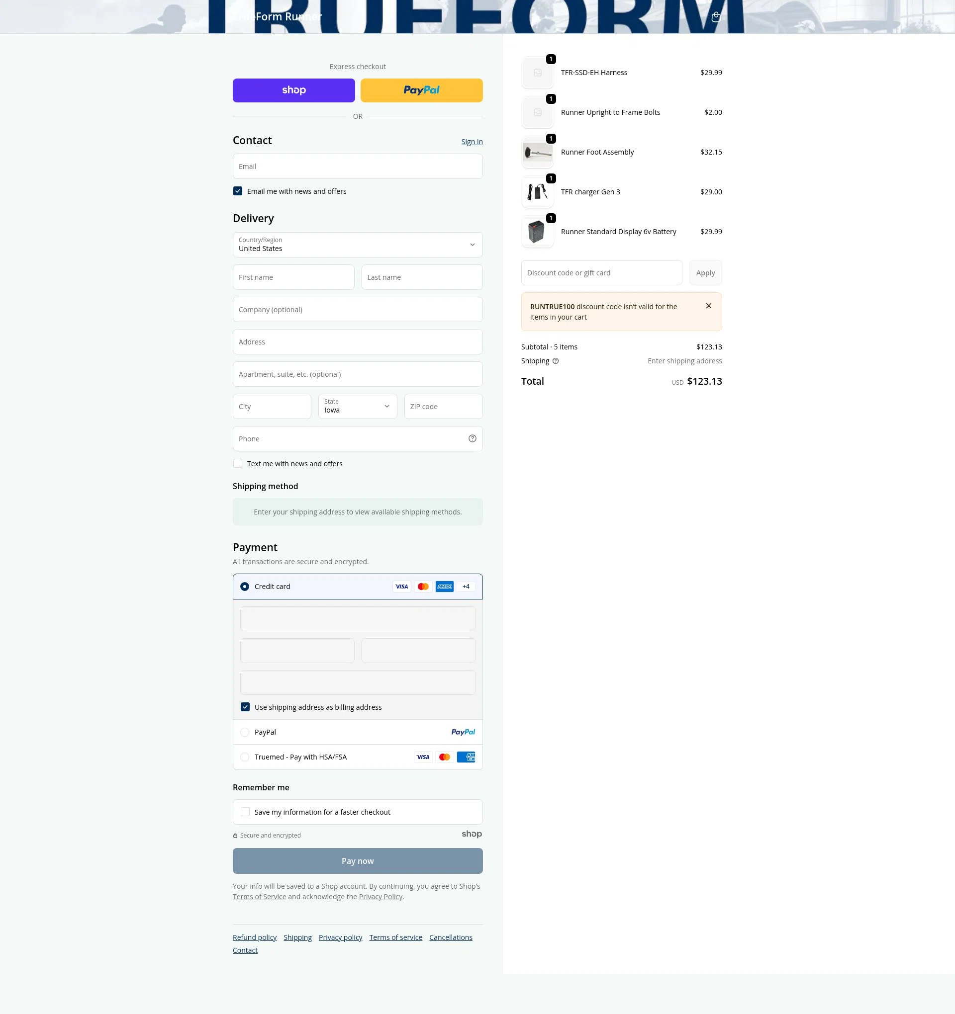 True Form Runner checkout page showing True Form Runner promo code box | Screenshot taken by SimplyCodes community member on Dec 27, 2025