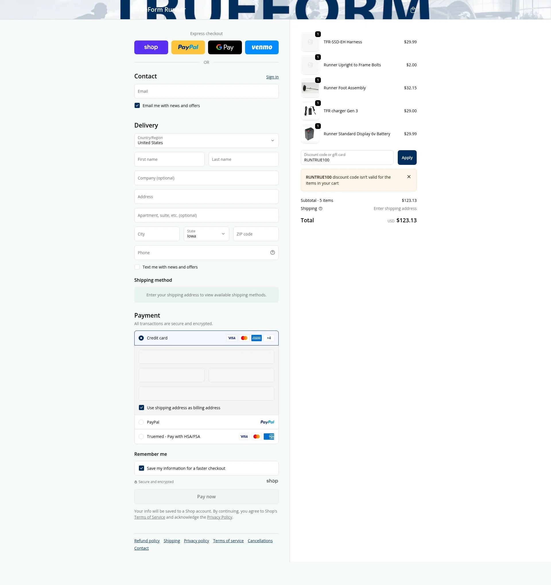 True Form Runner checkout page showing True Form Runner promo code box | Screenshot taken by SimplyCodes community member on Dec 16, 2025