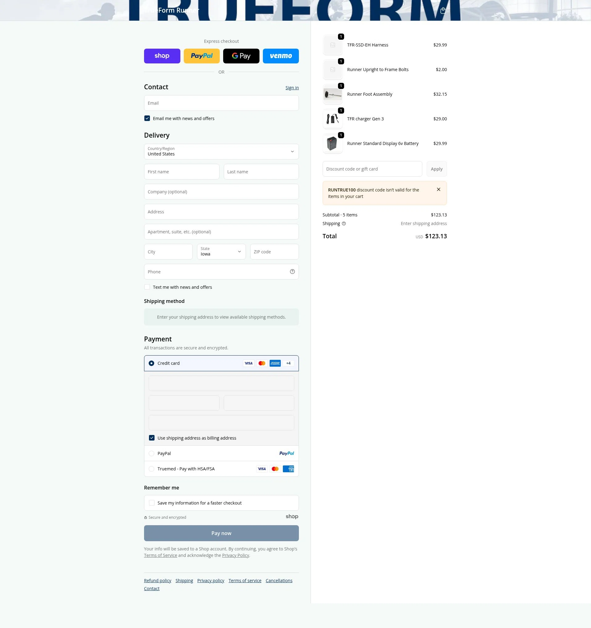 True Form Runner checkout page showing True Form Runner promo code box | Screenshot taken by SimplyCodes community member on Dec 23, 2025