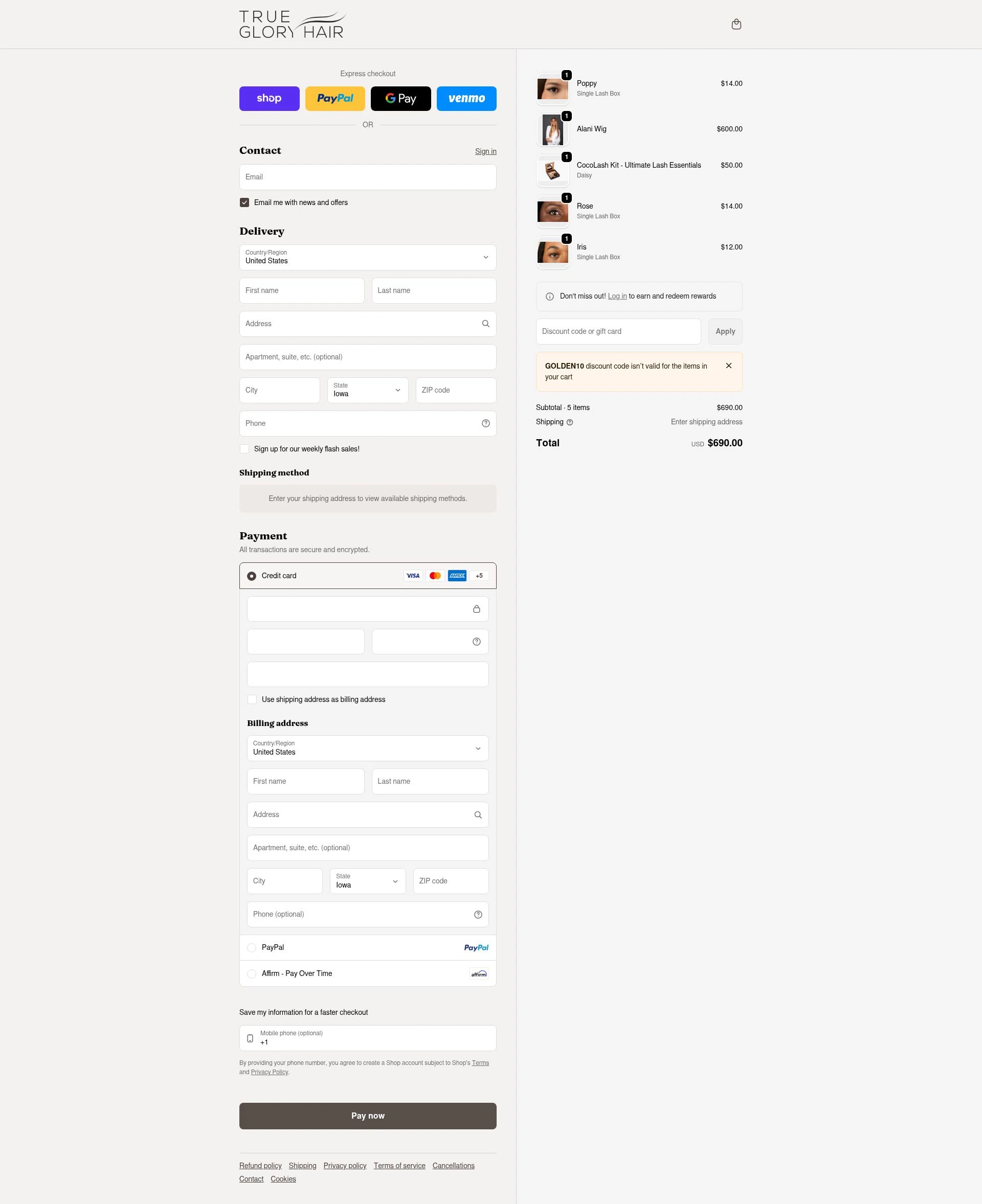 True Glory Hair checkout page showing True Glory Hair discount code box | Screenshot taken by SimplyCodes community member on Feb 12, 2026