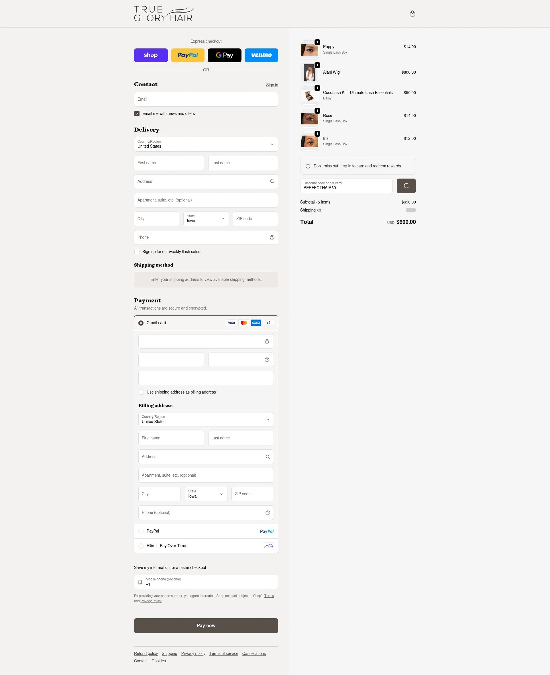 True Glory Hair checkout page showing True Glory Hair discount code box | Screenshot taken by SimplyCodes community member on Feb 12, 2026