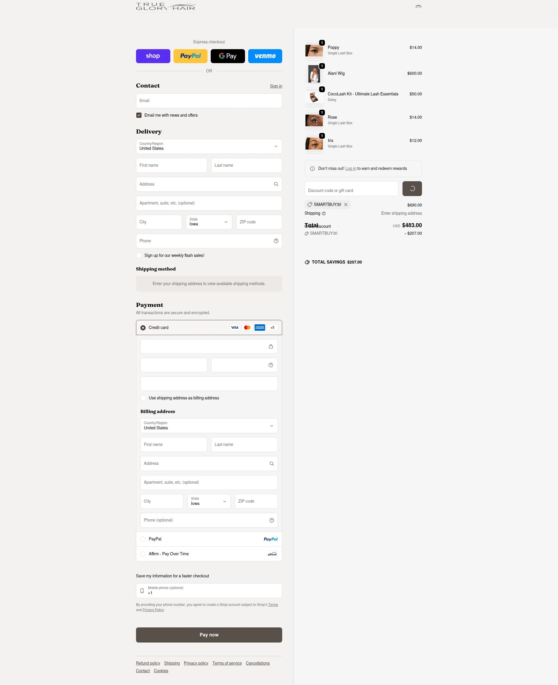 True Glory Hair checkout page showing True Glory Hair discount code box | Screenshot taken by SimplyCodes community member on Feb 12, 2026