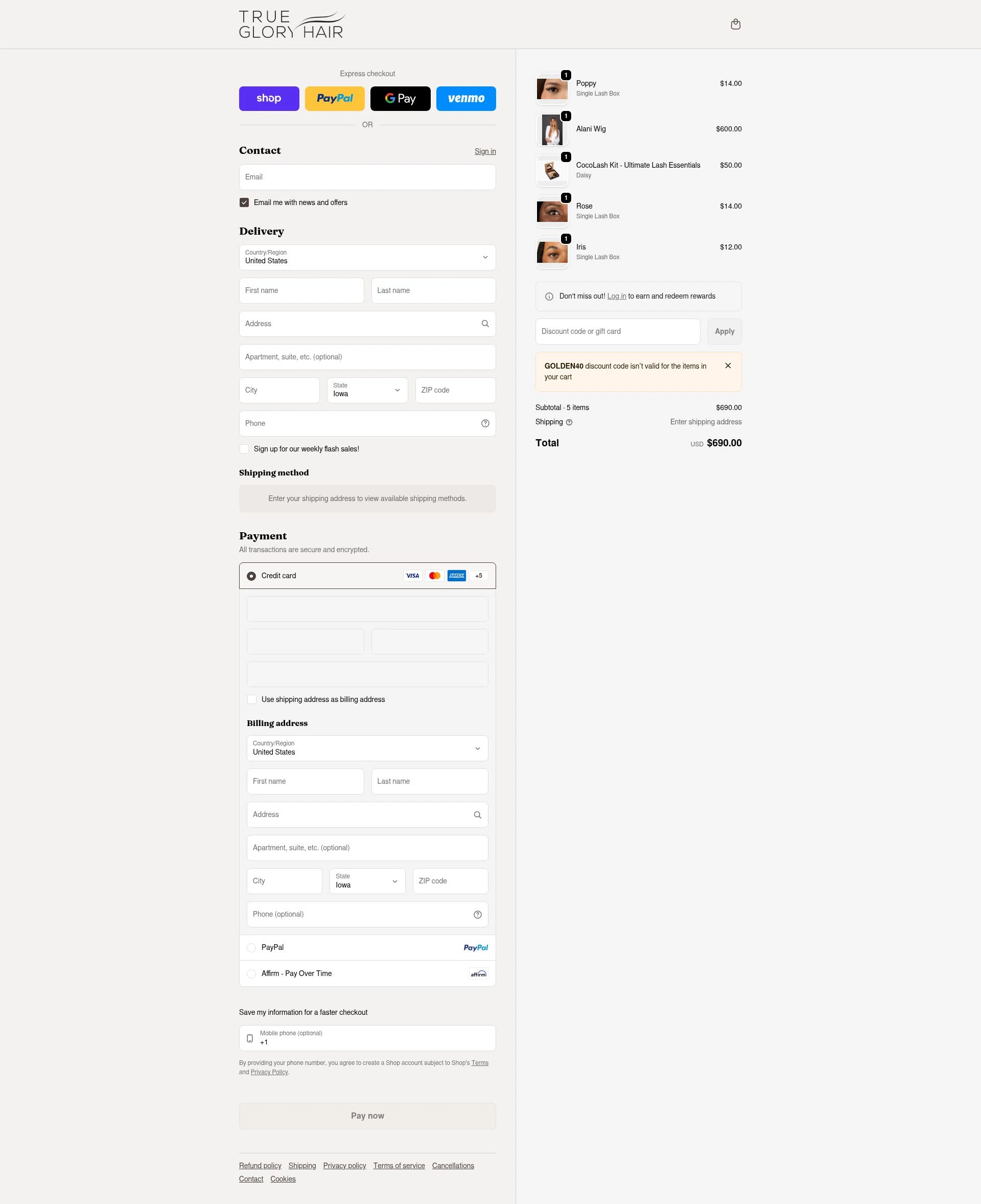 True Glory Hair checkout page showing True Glory Hair discount code box | Screenshot taken by SimplyCodes community member on Feb 12, 2026