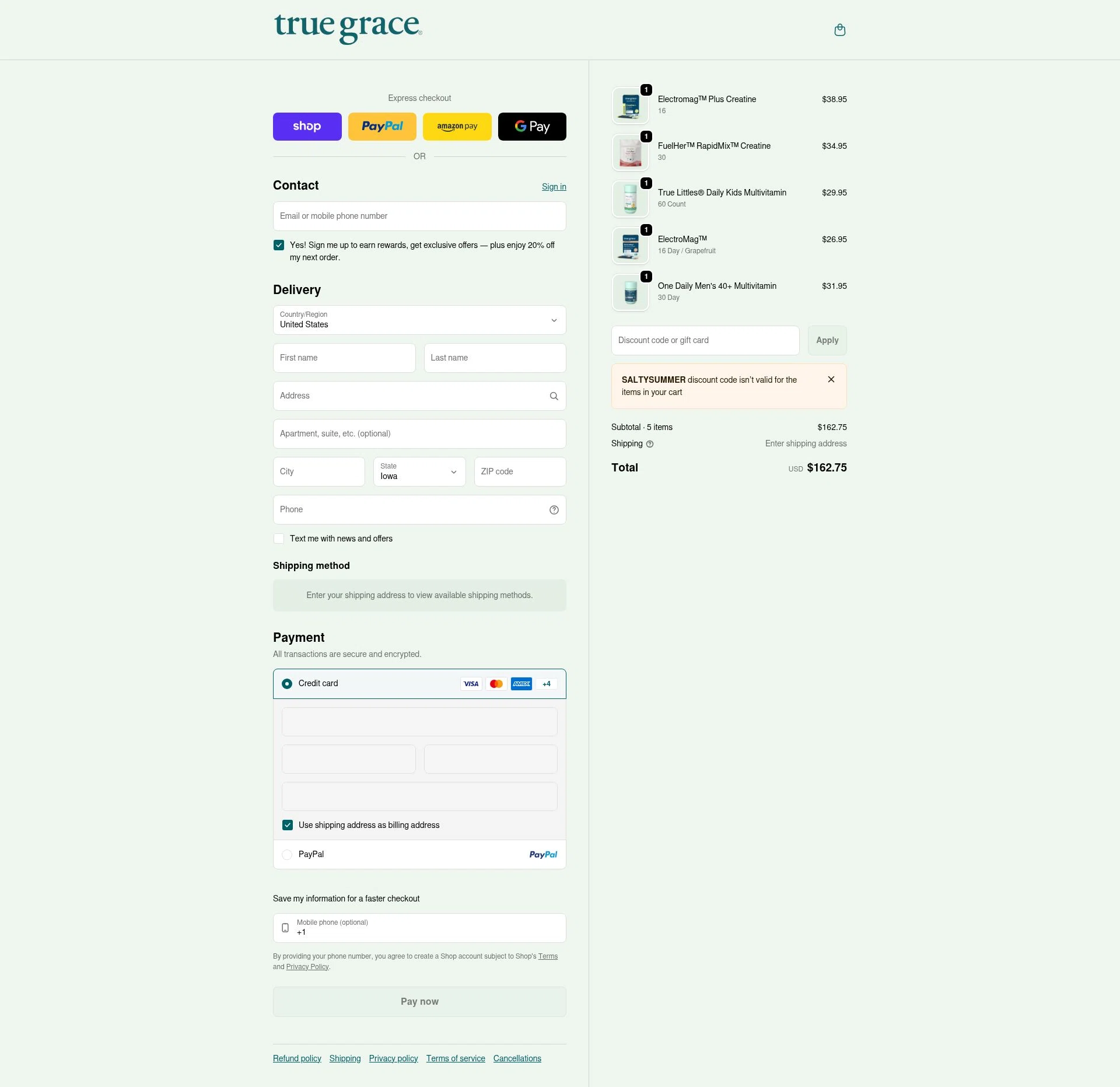 True Grace checkout page showing True Grace discount code box | Screenshot taken by SimplyCodes community member on Jan 8, 2026