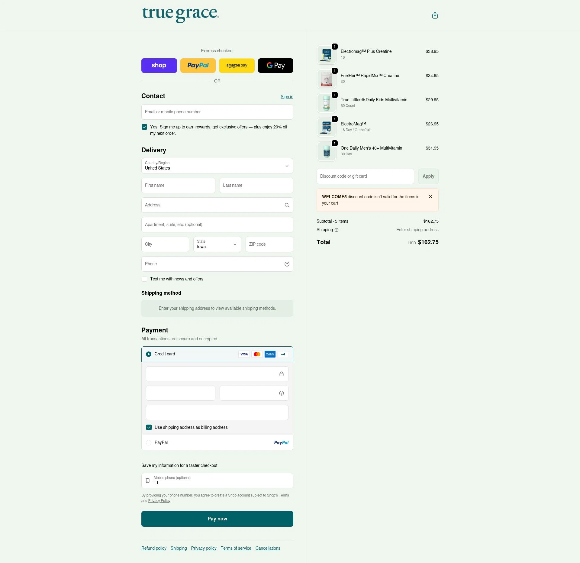 True Grace checkout page showing True Grace discount code box | Screenshot taken by SimplyCodes community member on Jan 8, 2026