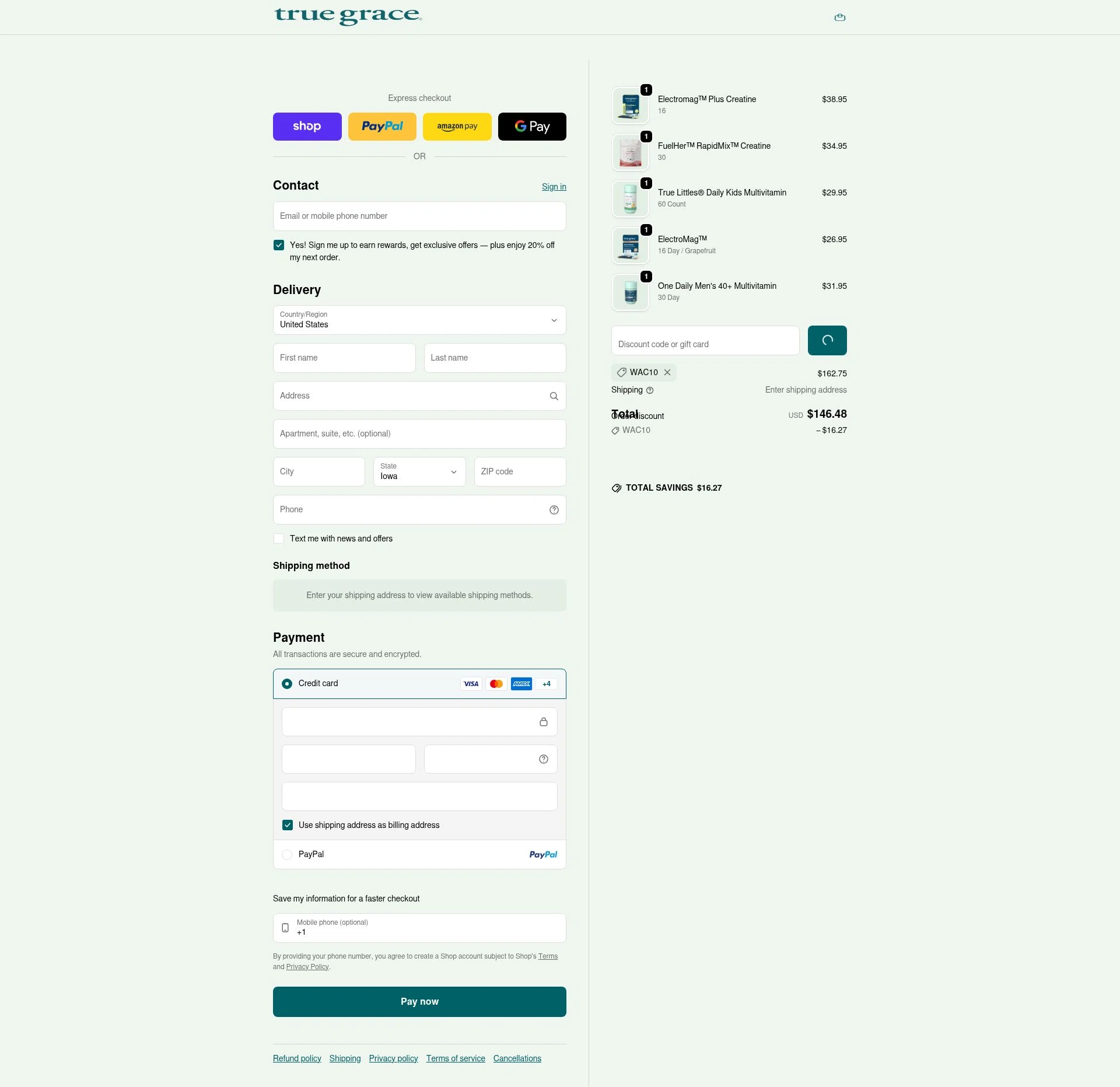 True Grace checkout page showing True Grace discount code box | Screenshot taken by SimplyCodes community member on Jan 8, 2026