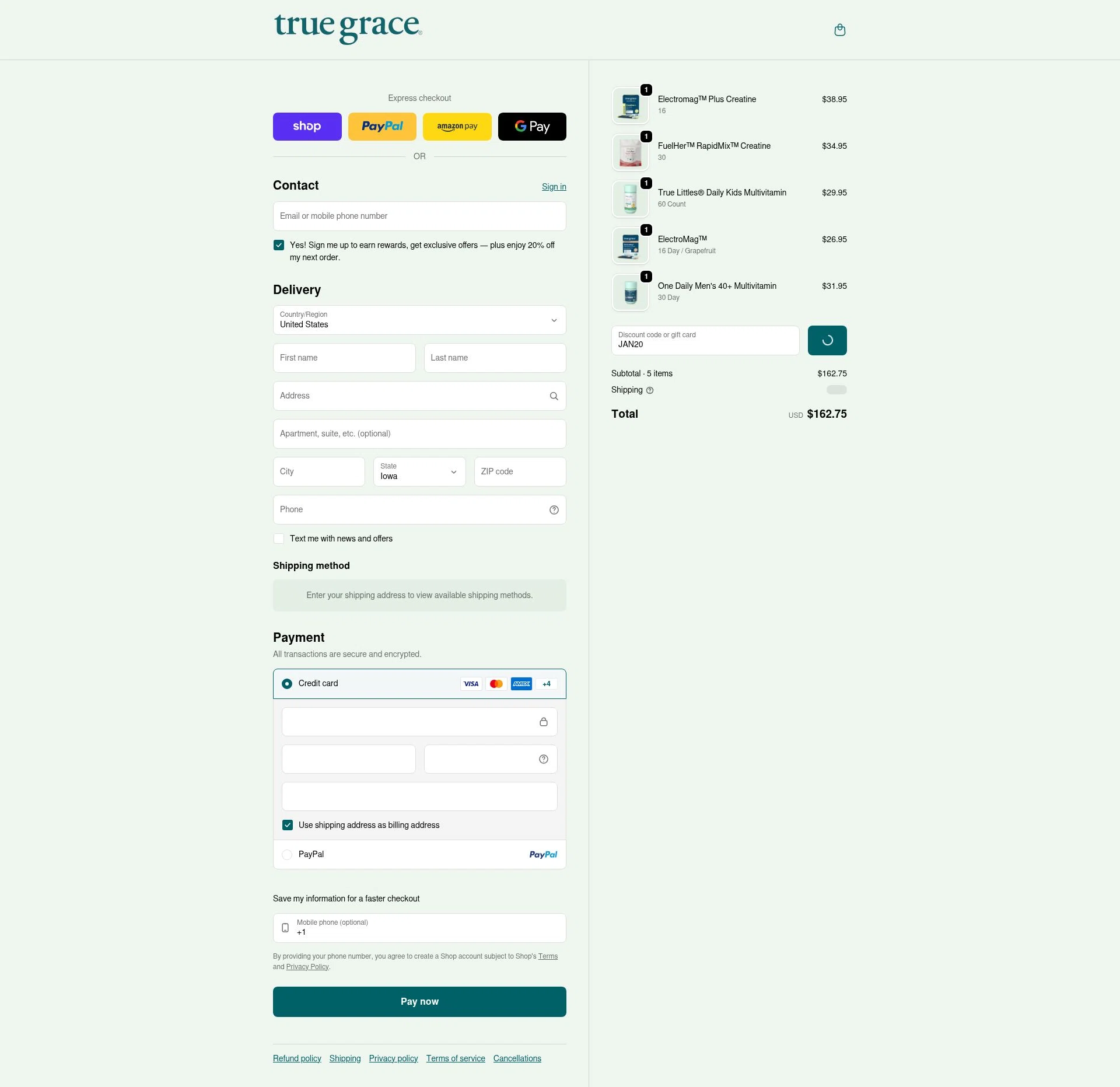 True Grace checkout page showing True Grace discount code box | Screenshot taken by SimplyCodes community member on Jan 8, 2026