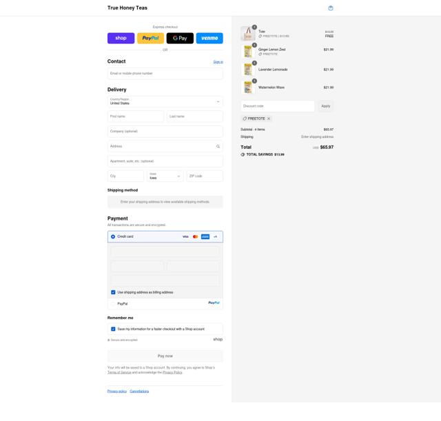 True Honey Teas checkout page showing True Honey Teas promo code box | Screenshot taken by SimplyCodes community member on Sep 12, 2025