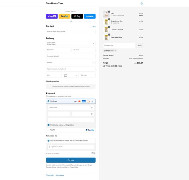 True Honey Teas checkout page showing True Honey Teas promo code box | Screenshot taken by SimplyCodes community member on Aug 9, 2025