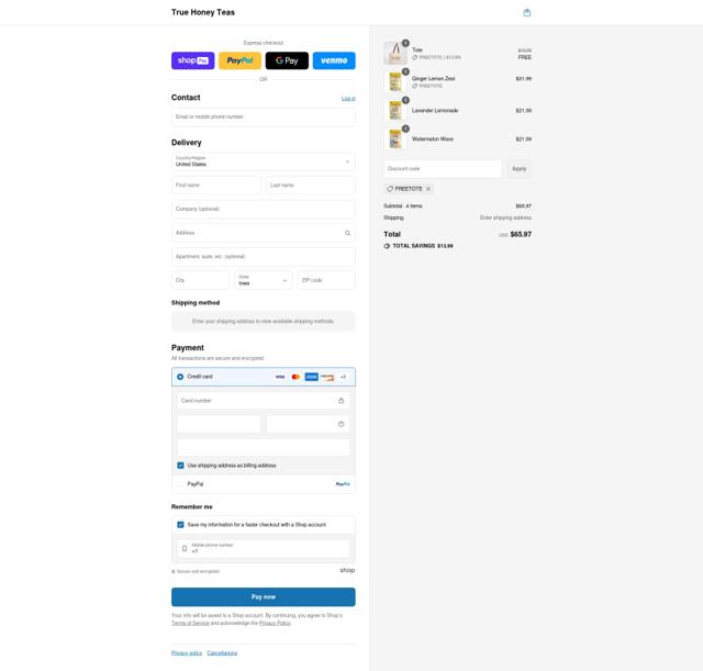 True Honey Teas checkout page showing True Honey Teas promo code box | Screenshot taken by SimplyCodes community member on Aug 12, 2025