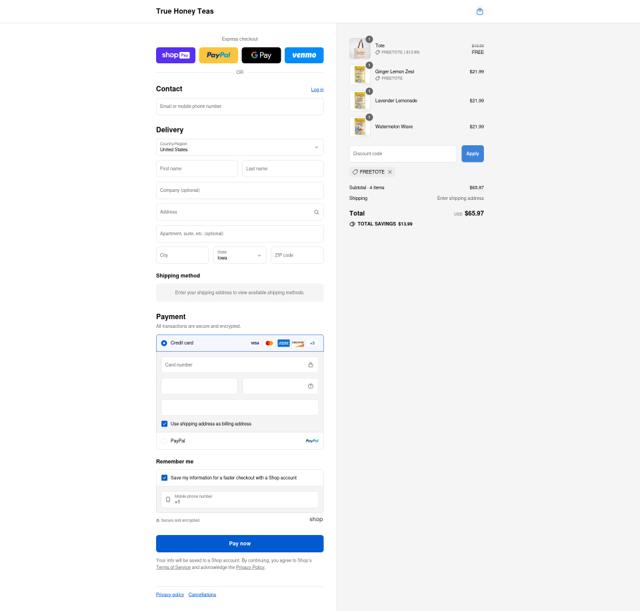 True Honey Teas checkout page showing True Honey Teas promo code box | Screenshot taken by SimplyCodes community member on Aug 26, 2025