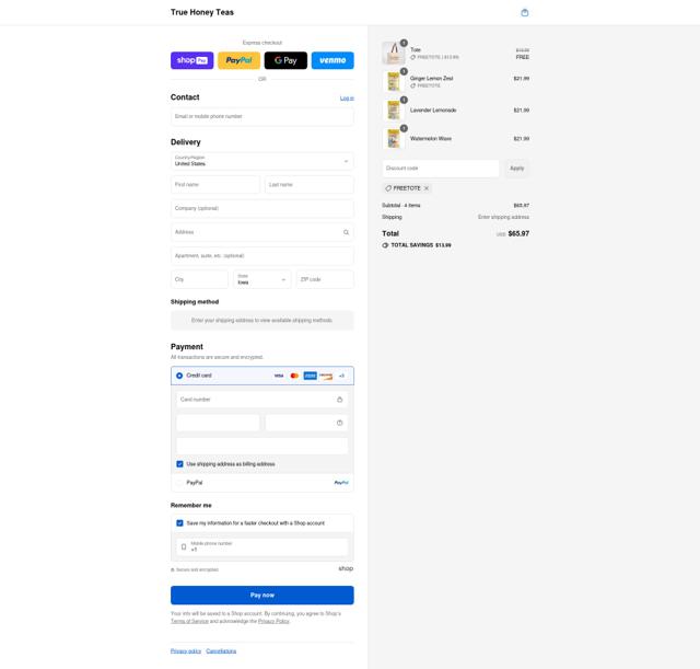 True Honey Teas checkout page showing True Honey Teas promo code box | Screenshot taken by SimplyCodes community member on Aug 16, 2025