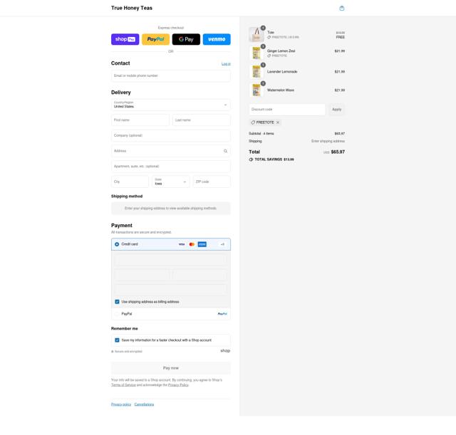 True Honey Teas checkout page showing True Honey Teas promo code box | Screenshot taken by SimplyCodes community member on Aug 13, 2025