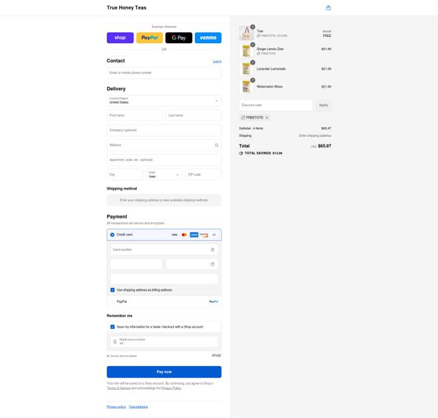 True Honey Teas checkout page showing True Honey Teas promo code box | Screenshot taken by SimplyCodes community member on Aug 30, 2025