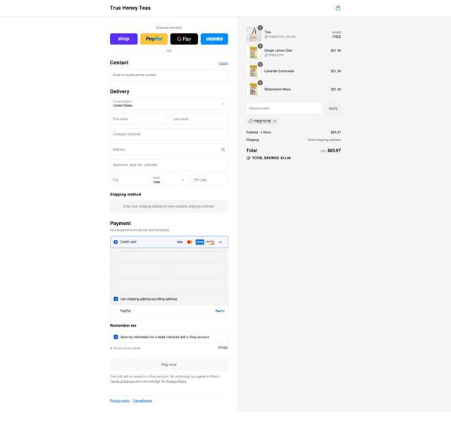 True Honey Teas checkout page showing True Honey Teas promo code box | Screenshot taken by SimplyCodes community member on Sep 3, 2025