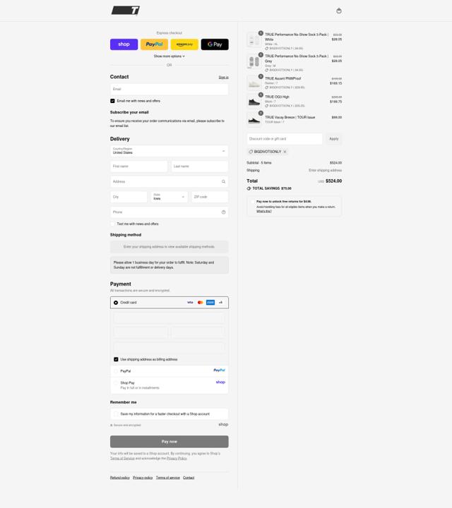 True Linkswear checkout page showing True Linkswear discount code box | Screenshot taken by SimplyCodes community member on Sep 12, 2025