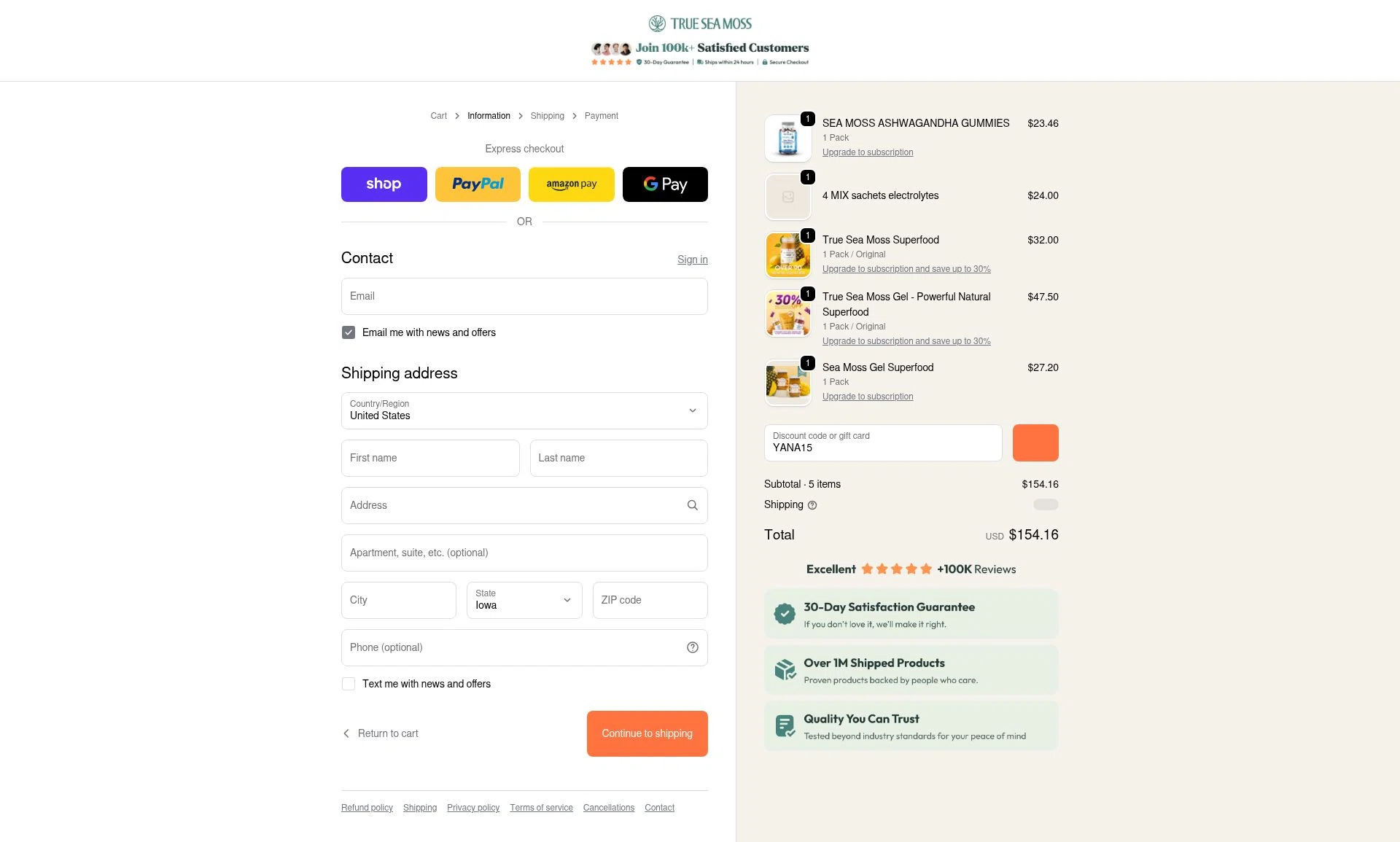 TrueSeaMoss checkout page showing TrueSeaMoss discount code box | Screenshot taken by SimplyCodes community member on Feb 12, 2026