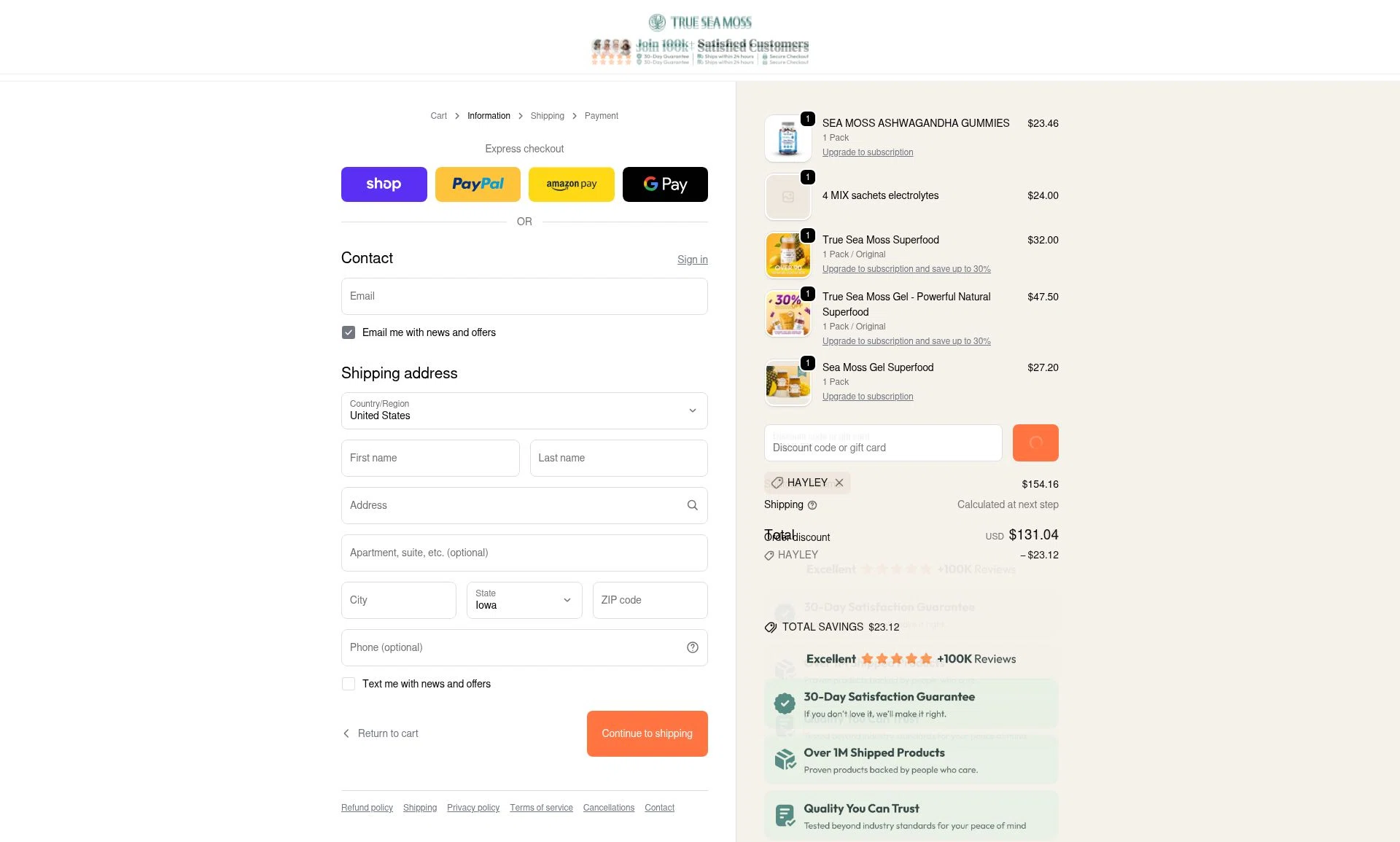 TrueSeaMoss checkout page showing TrueSeaMoss discount code box | Screenshot taken by SimplyCodes community member on Feb 12, 2026