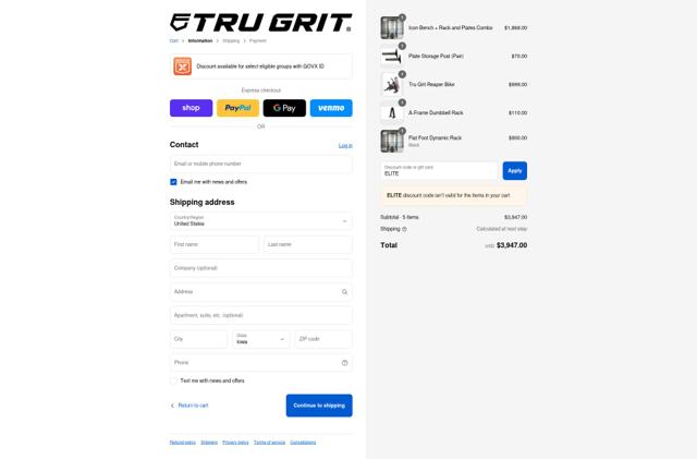 Tru Grit Fitness checkout page showing Tru Grit Fitness promo code box | Screenshot taken by SimplyCodes community member on Sep 8, 2025