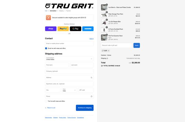 Tru Grit Fitness checkout page showing Tru Grit Fitness promo code box | Screenshot taken by SimplyCodes community member on Sep 12, 2025