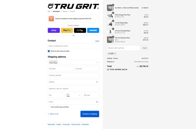 Tru Grit Fitness checkout page showing Tru Grit Fitness promo code box | Screenshot taken by SimplyCodes community member on Sep 8, 2025