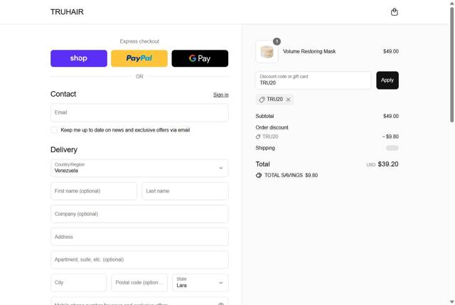 Truhair checkout page showing Truhair discount code box | Screenshot taken by SimplyCodes community member on Sep 11, 2025